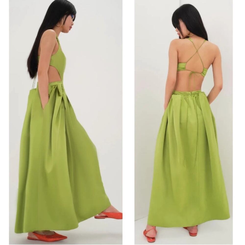 FOR LOVE & LEMONS Virginia Pleated Cutout Satin Green Maxi Dress Sz XS - Picture 3 of 14